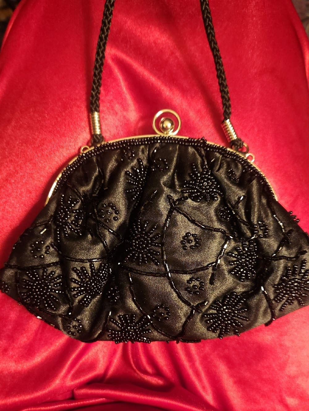 Black satin beaded mini evening bag by Nytlites